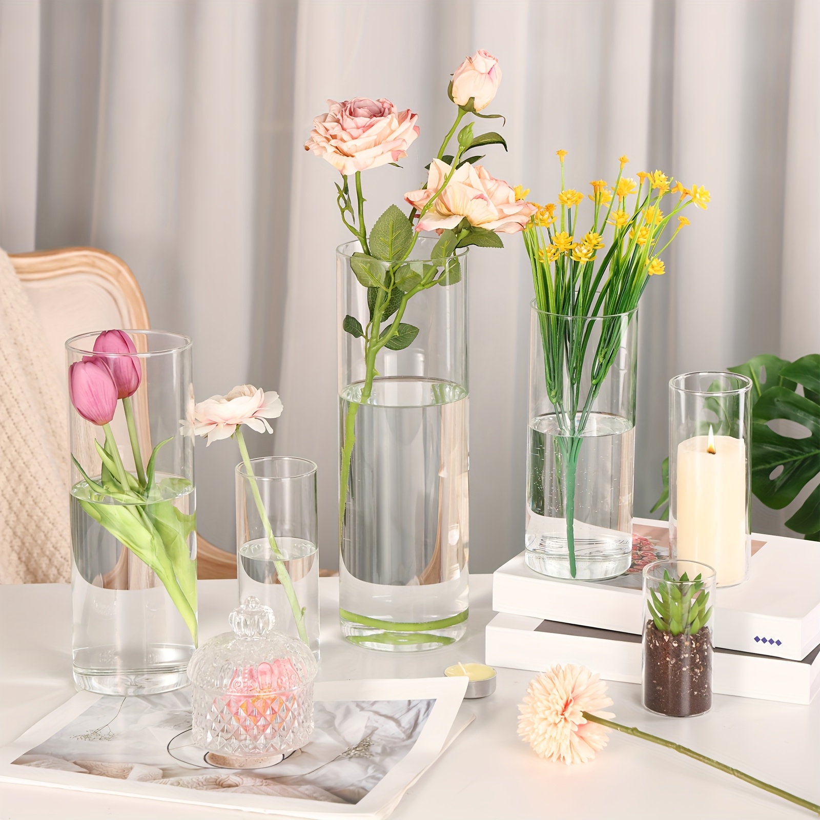 TEMU Tomnk 35pcs Clear Glass Cylinder Vases, Hurricane Glass Candle Holders, 10, 15, 20, 25, 30 Inch Tall Cylinder Vases For Centerpieces, Glass