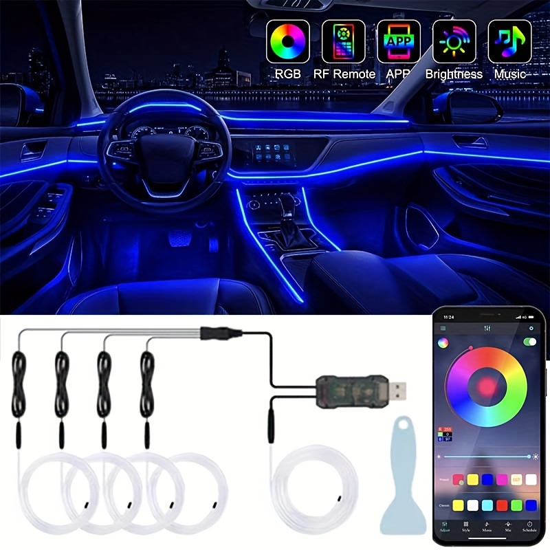 TEMU 276 Inch Interior Car Led Lights With Wireless App/ Button Control, 5in 1 16 Million Colors Ambient Lighting Kit With Fiber Optic, Usb Neon Light Strip
