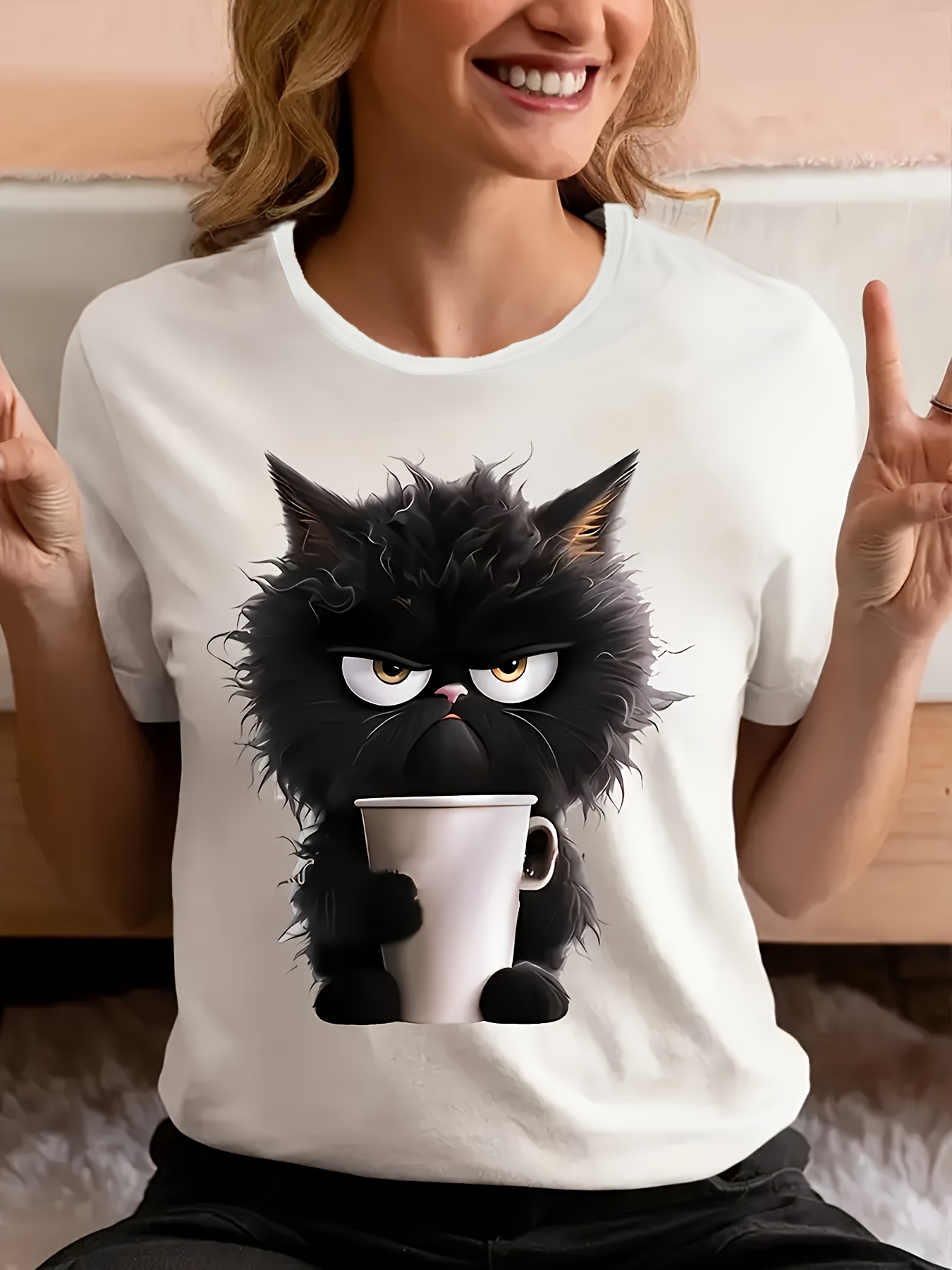 Women's Casual Sporty T-Shirt, Black Cat Print, Comfort Fit Short Sleeve Tee, Fashion Breathable Casual Top