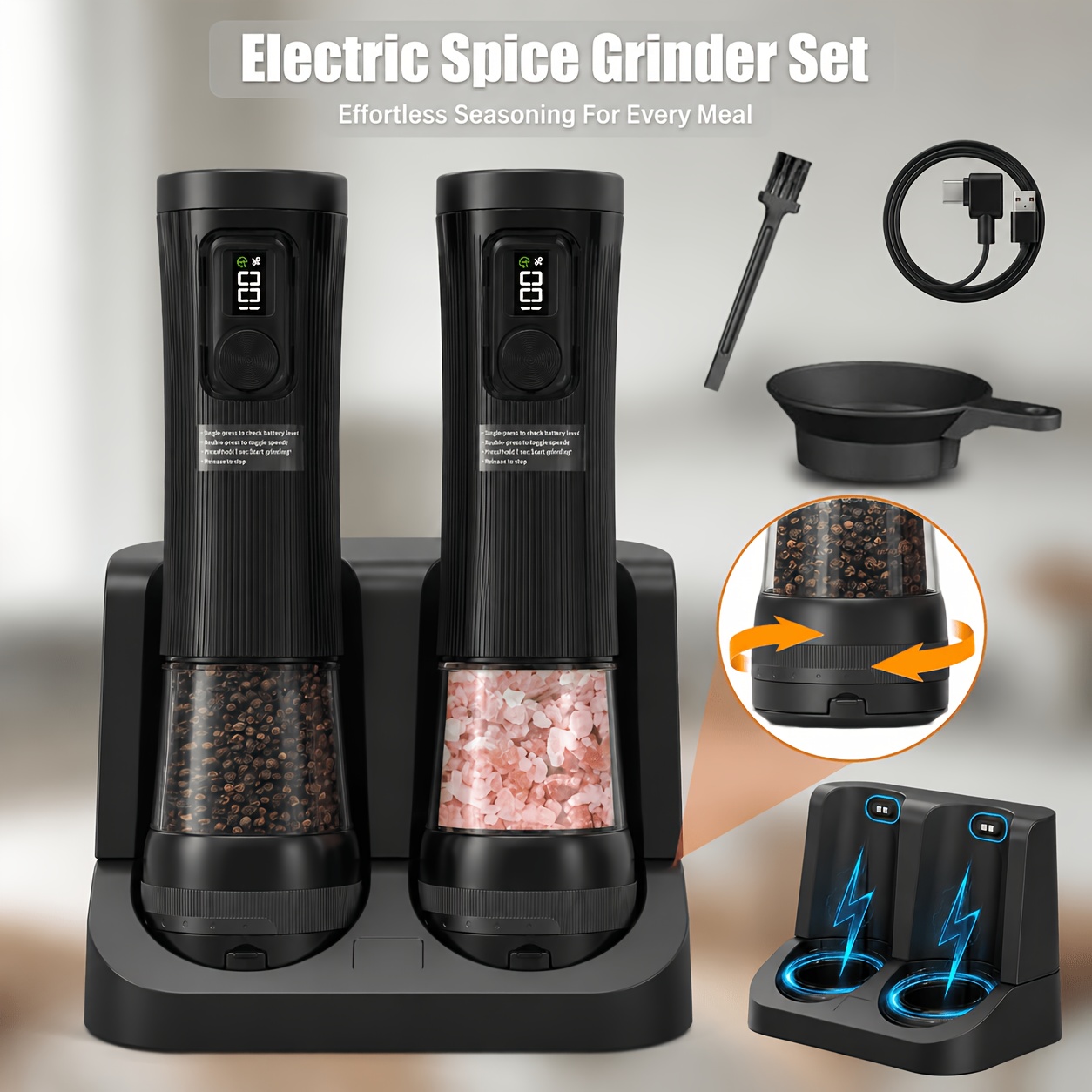 Electric Salt And Pepper Grinder Set, Usb Rechargeable, Refillable With 5 Adjustable Grind Sizes, Stainless Steel Automatic Salt And Pepper Shakers With Led Light