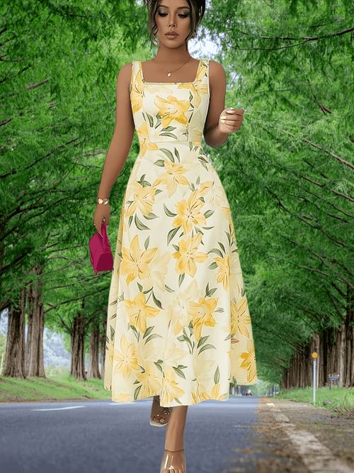 elegant directional womens positioning printed sleeveless square neck a line long dress comfortable elegant and machine washable suitable for vacation travel parties and daily wear