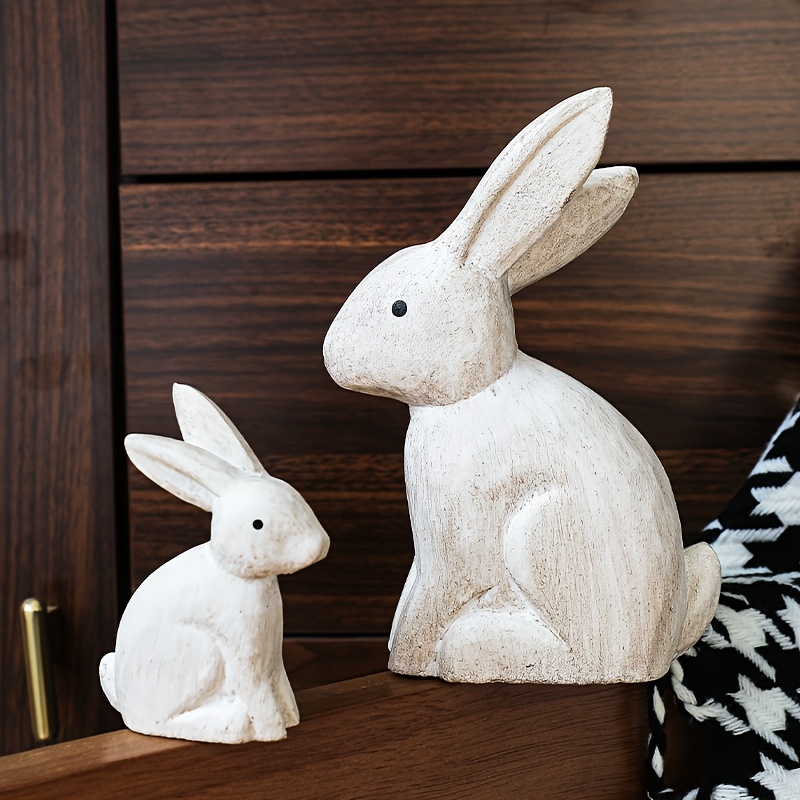 Wooden Rabbit Bunny Decor Antique Figurines Easter Rabbit Statue Set Of 2 Bunny Decorations For Farmhouse Easter Decor Gift