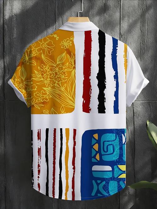 heren overhemd met bloemen- en streepjespatroon, korte mouwen, digitale print, individueel ontwerp, eenvoudige lijnen voor extra zachtheid en flair, combineert elegantie en mode, geschikt voor casual of lichtzinnige zakelijke gelegenheden.