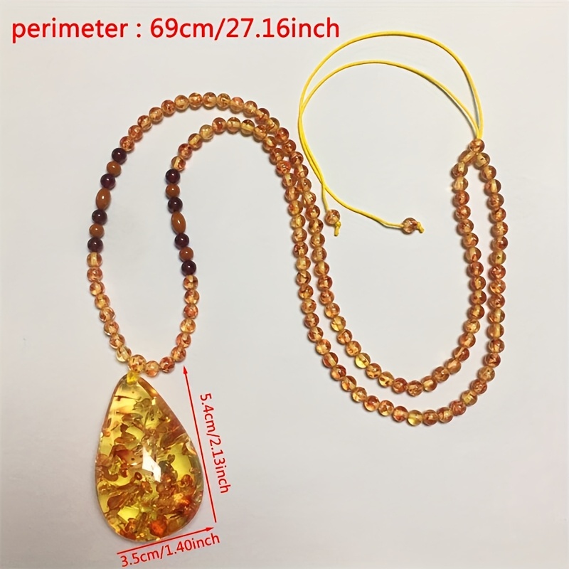 Bohemian Style Amber Pendant Necklace, Calming Stone, Teardrop Shape