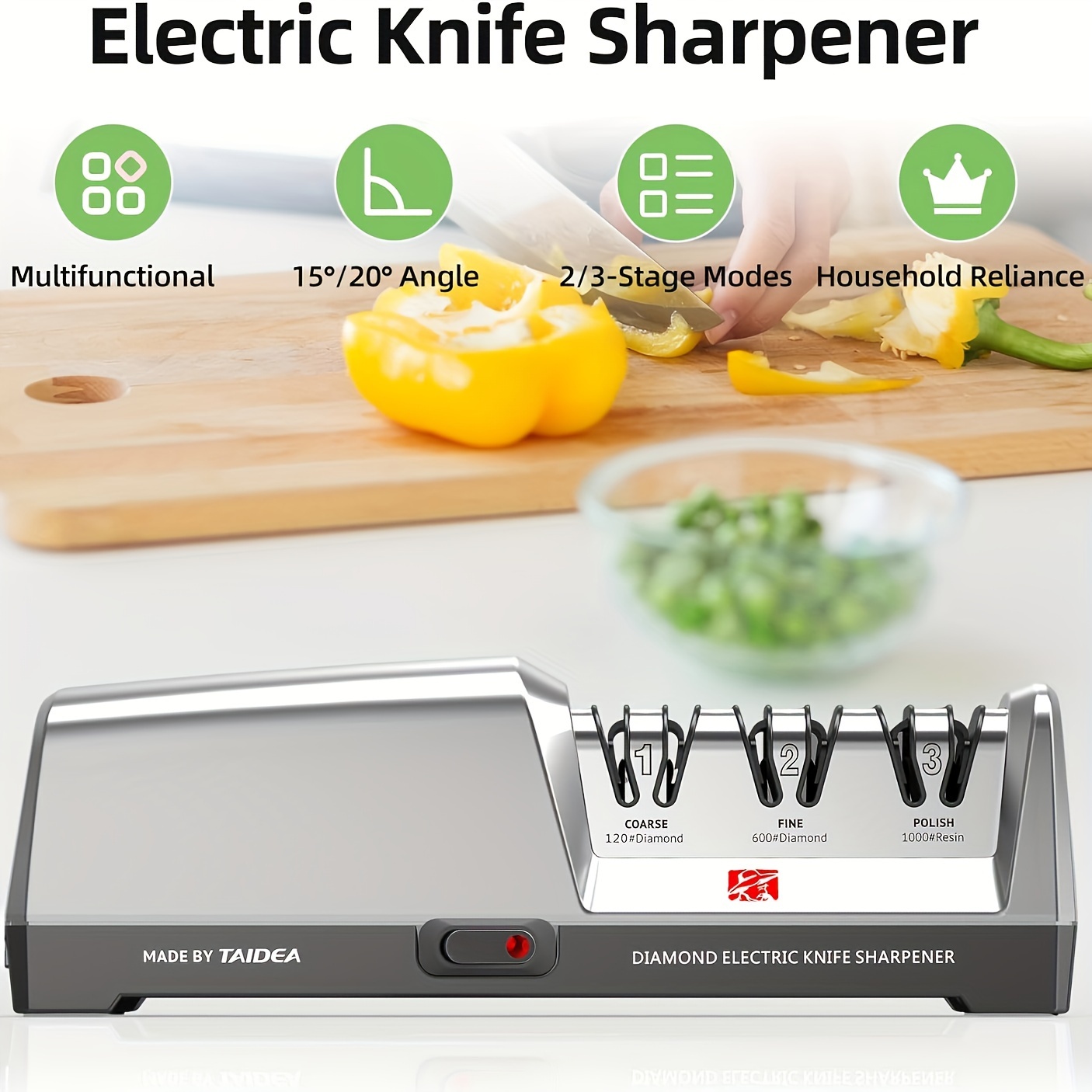 Professional Electric Knife Sharpener: 3-Stage System for Kitchen Knives And Ceramic Knives - Fine Soft Angle Grinding with Diamond Abrasives - 120V, 120# Diamond, 600# Diamond, 1000# Resin Polish - Suitable for Straight Blades - Made by GRINDER 5 Professional Electric Knife Sharpener: 3-Stage System for Kitchen Knives And Ceramic Knives - Fine Soft Angle Grinding with Diamond Abrasives - 120V, 120# Diamond, 600# Diamond, 1000# Resin Polish - Suitable for Straight Blades - Made by GRINDER - Image 5