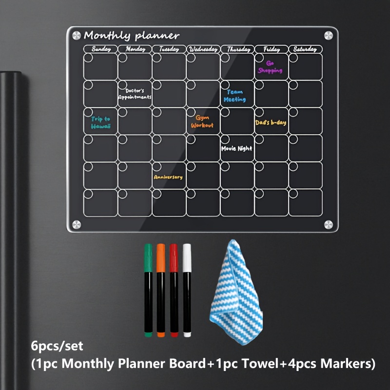 TEMU Acrylic Magnetic Monthly And Weekly Calendar For Fridge, Clear Magnetic Dry Erase Memo Board For Fridge, Reusable Meal Planner Clear Weekly And