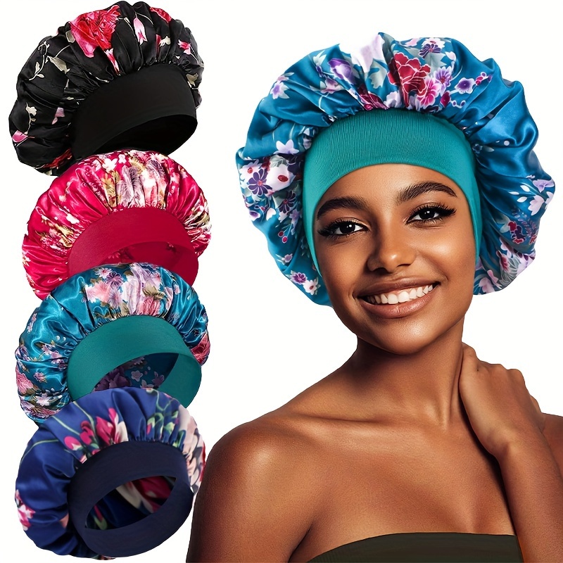 

4-piece Wide-brim Satin Print Sleep Caps - Perfect For Curly Hair - No Fragrance - Knit Fabric - Hair Care Accessories