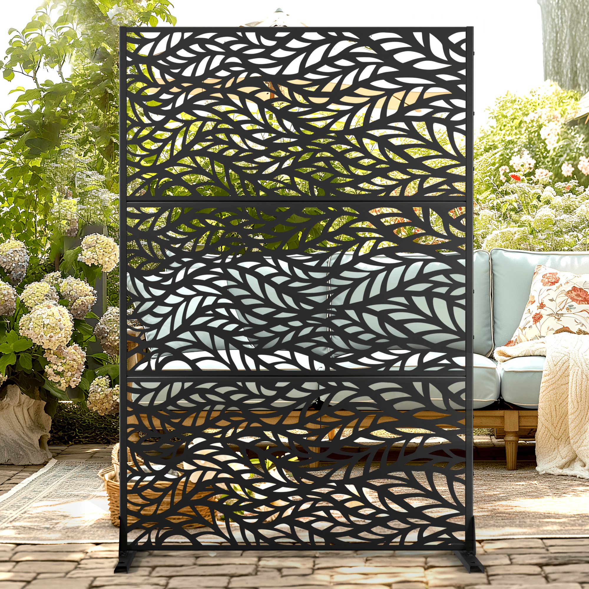 

Black Metal Privacy Screen For Outdoor Patio - Freestanding, Decorative Fence Panel With Stand, 72.1"h .2"w, Patio Privacy Screen