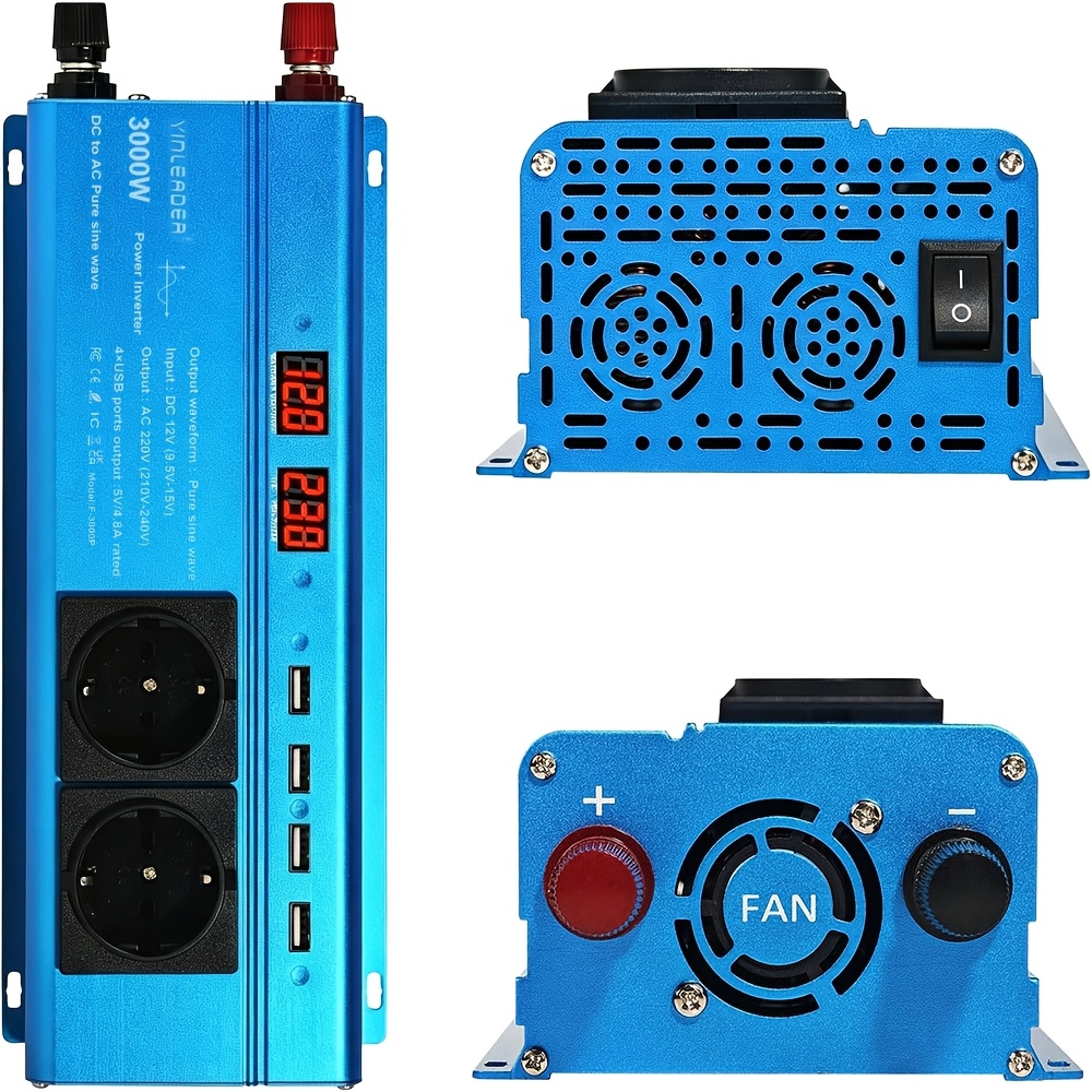 Image of Yinleader 1500w Pure Sine Inverter, 12v To 230v Ac Converter, 3000w , 2 Eu Outlets, 4 Usb Ports, Dual Led Display And Cooling Fan For Rv, Camping, Car Travel And Emergency Backup, Without Battery