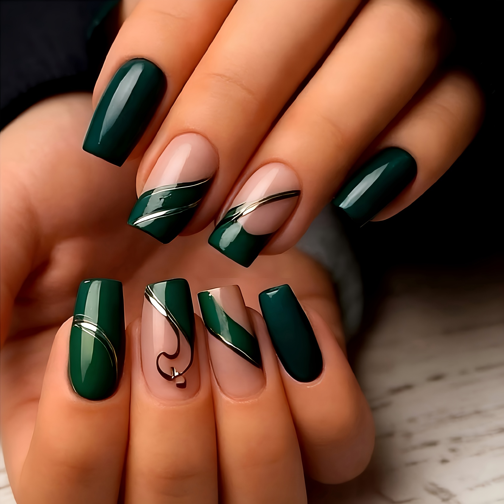 TEMU 2026 Trendy Dark Green & Nude -on Nails - Silver Line Accent Minimalist Luxury Manicure, Reusable Fake Nails For Daily/office/party