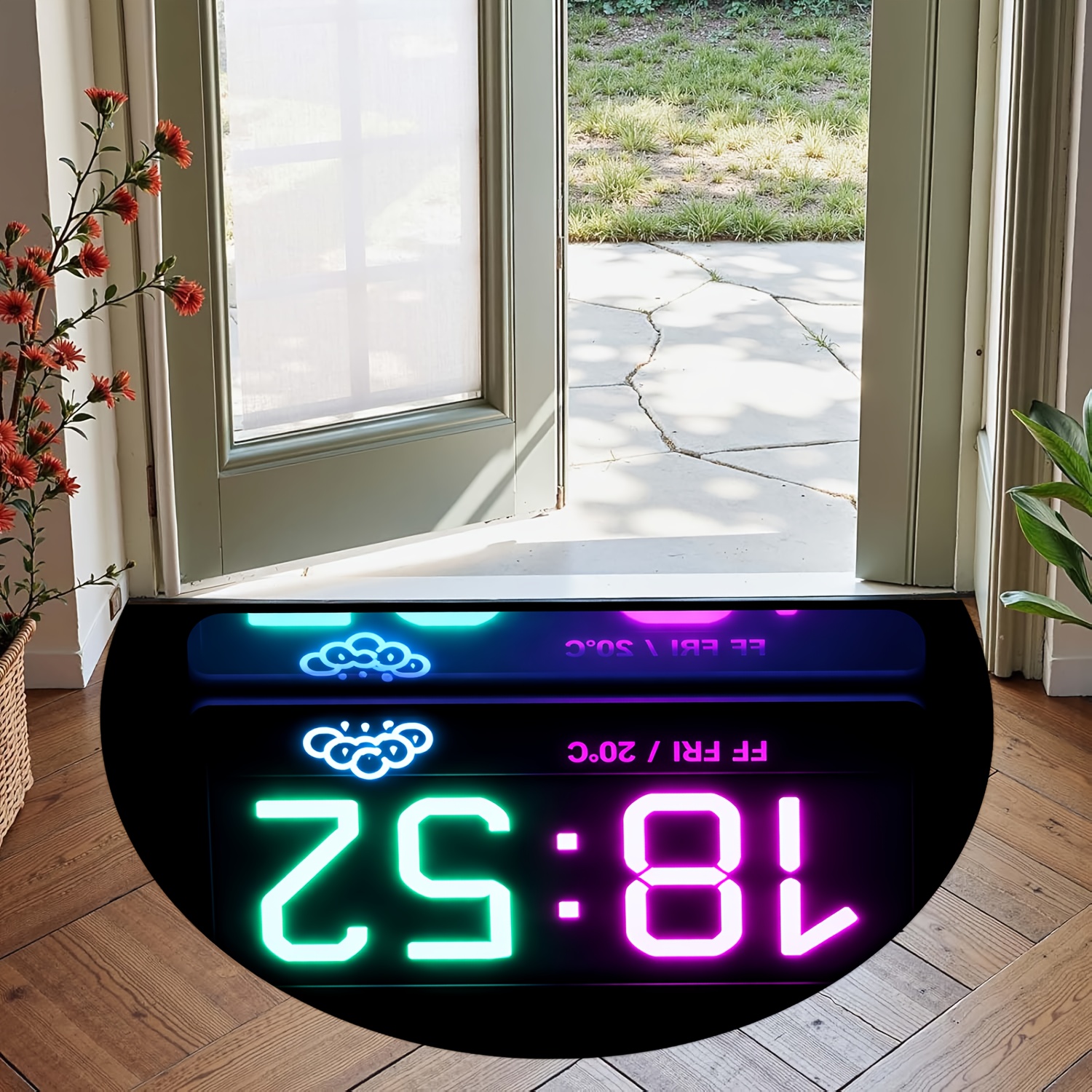 TEMU [Producto] Alfombra de entrada 2D [Material de vellón y esponja de 1 cm de grosor] alfombra semicircular | Reloj digital neón, que la hora, y de