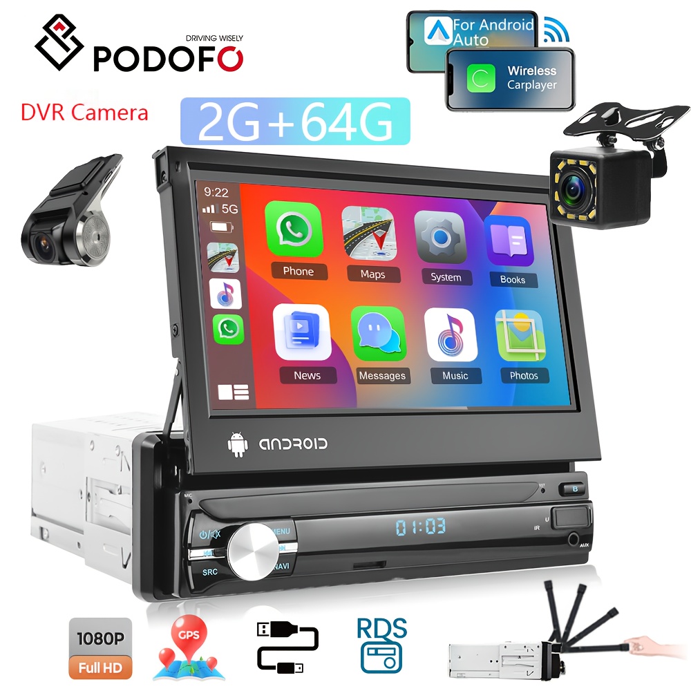 

Autoradio 1 DIN Podofo pour Android avec écran tactile extensible manuellement de 7 pouces, GPS, WiFi, Radio FM-RDS, , USB/AUX, au volant, caméra de recul, caméra DVR