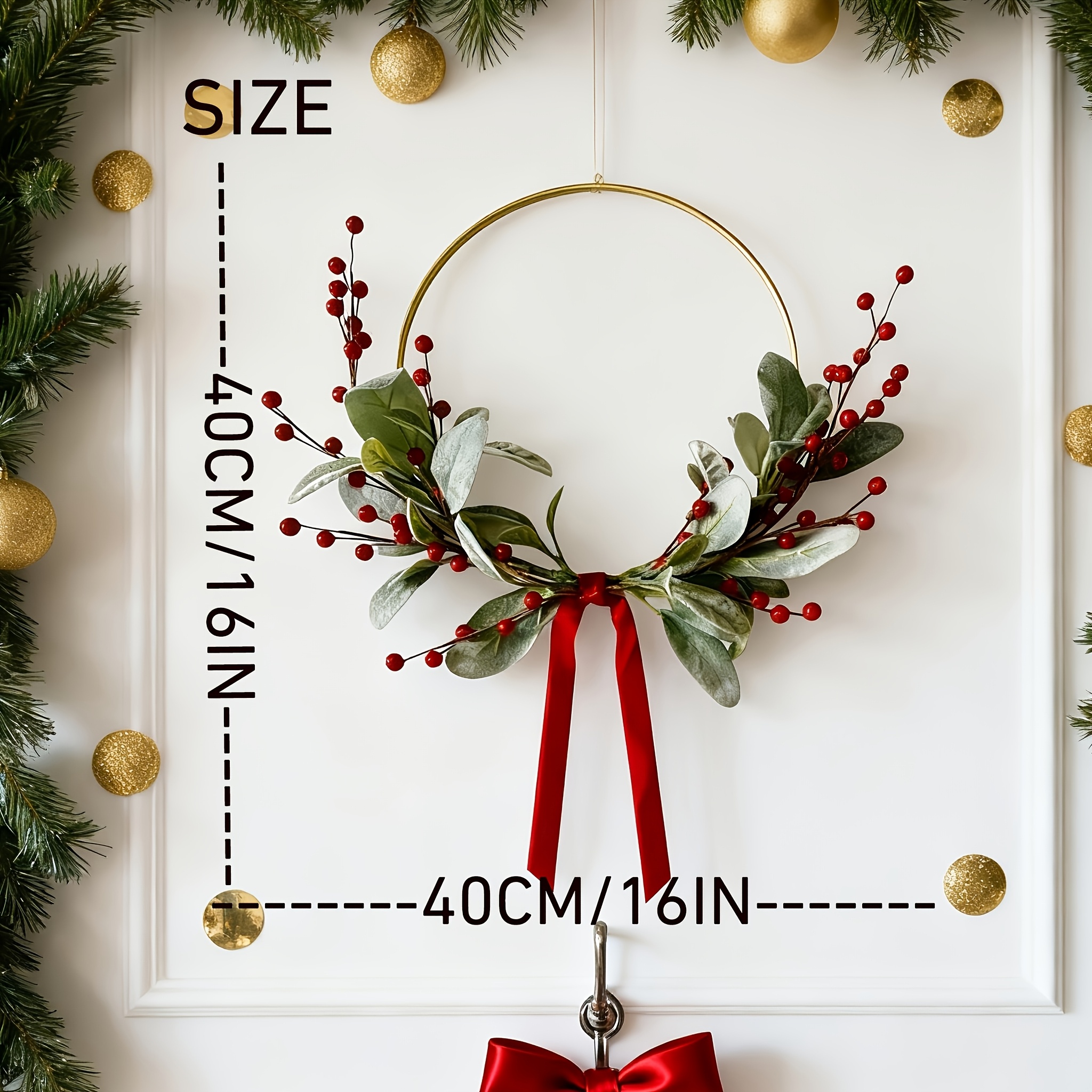 Image of 1pc, Christmas Wreath For Front Door Decor, Lambs Ear Berry Wreath, Farmhouse Decor, Indoor Outdoor Holiday Decor, Home Decor, Front Porch Decor