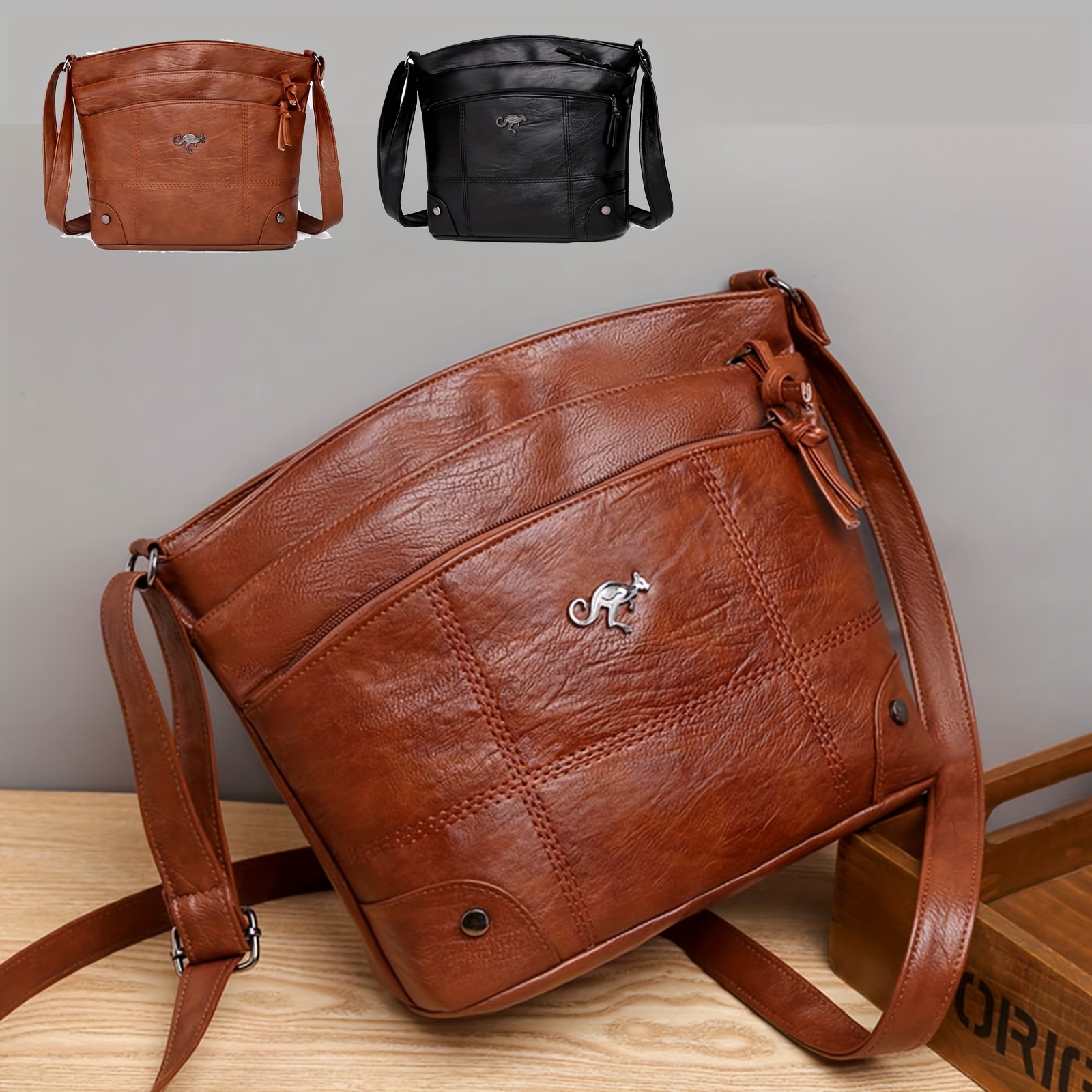 

A Stylish Crossbody Bag In A Brown Style With Multiple Zip Pockets, Featuring An Adjustable Strap And A Solid Color, Casual Use. [ Vintage Bag]