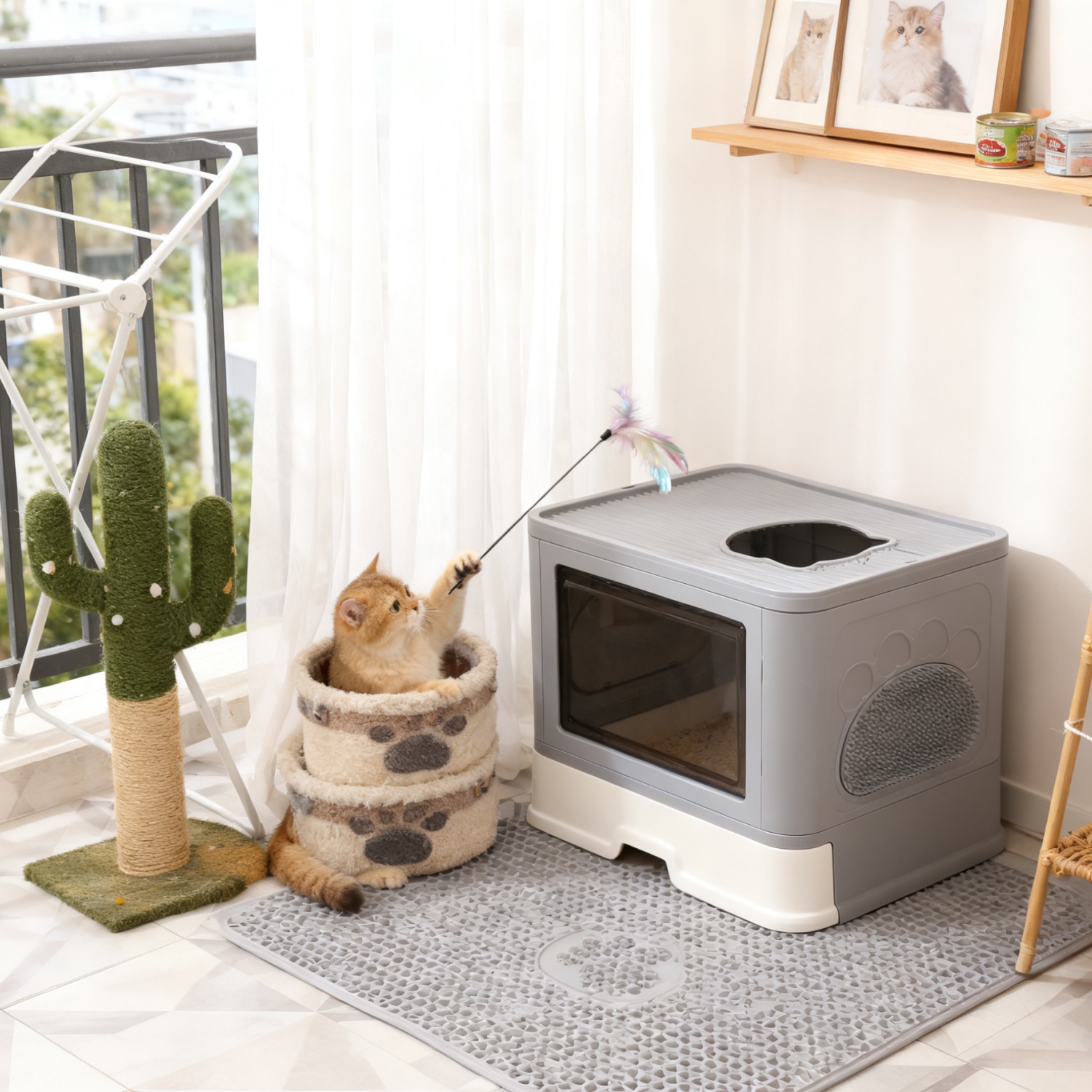 Xxl Enclosed Cat Litter Box Furniture Front Entry & Top Exit Toilet Boxes Portable Litter Tray Drawer With Massager For Kittens, Detachable Design