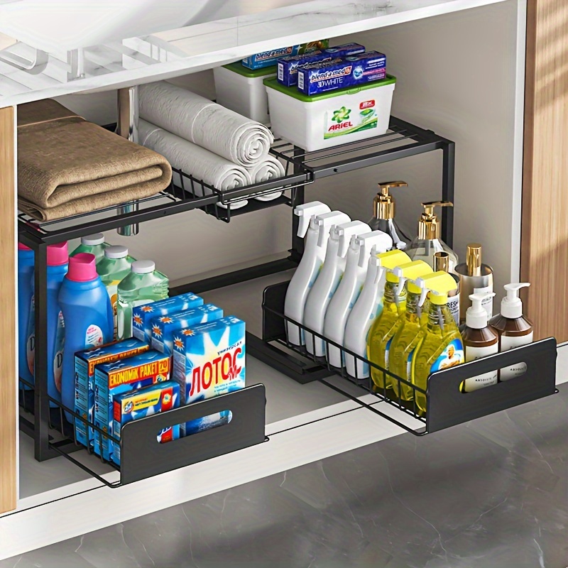 

2-tier Sliding Under Sink Organizer - Adjustable Width, Rustproof Metal Storage Rack For Kitchen & Bathroom Cabinets, Shelf Baskets