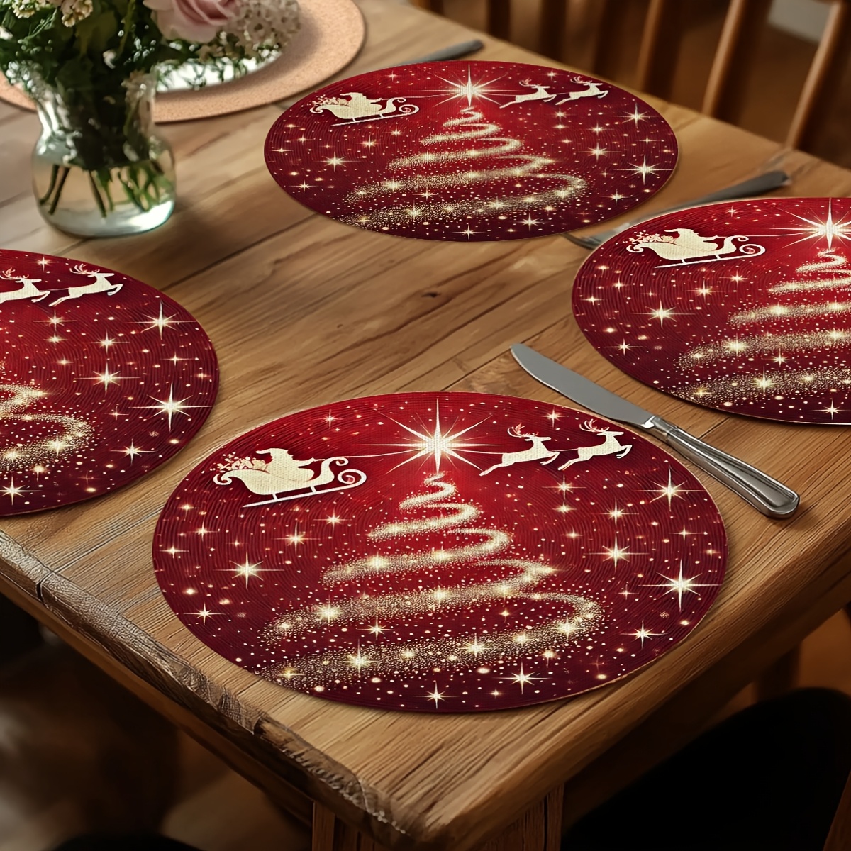 TEMU 2/4/6pcs Set Christmas Tree Print Round Placemats - Festive Red And Golden Color Scheme Holiday Table Decor, Machine Washable Material, Suitable