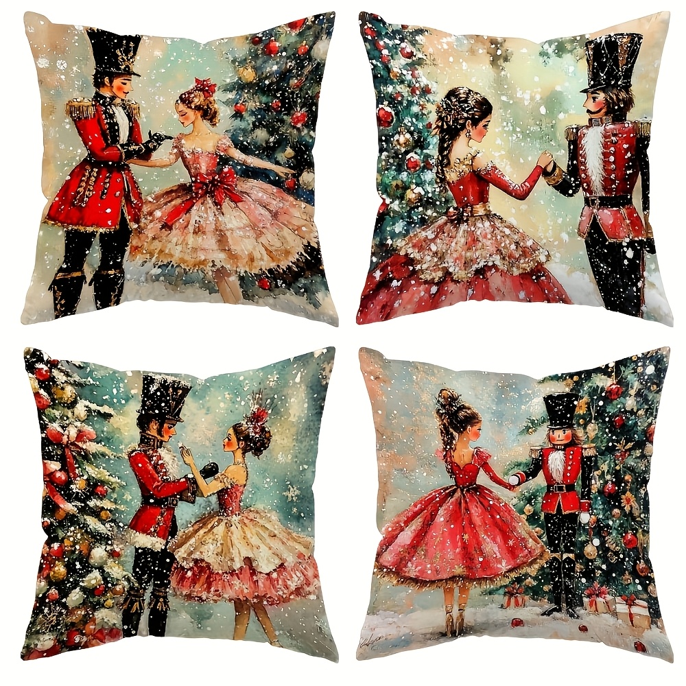 TEMU 4pcs Christmas Throw Pillow Covers, 17.72×17.72 Inch Nutcracker & Ballerina Pattern Cases, Double-sided Printed Hidden Zipper Decorative