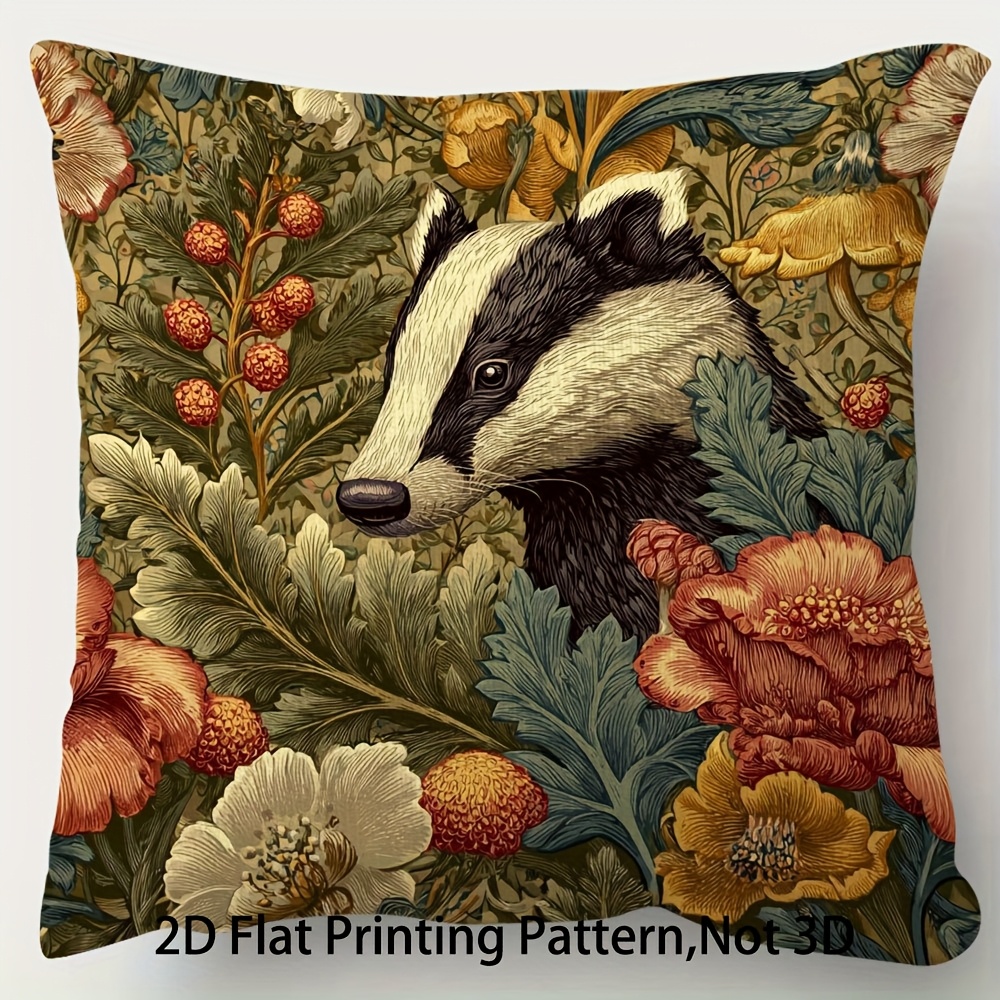 TEMU 2d Flat - 1pc Of William Plant Badger And Floral Vintage Pillowcase - Double-sided Cover 45.72x45.72 Cm, Zipper Closure For Sofa/bed Decoration,