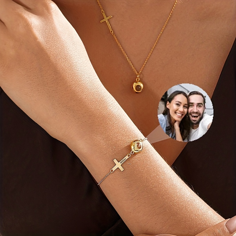 Women's Custom Photo Stainless Steel Engraved Cross Projection Bracelet