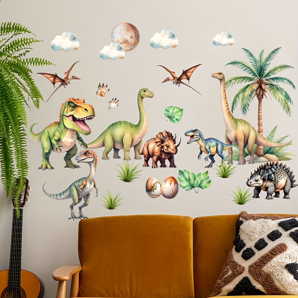Image of Cartoon Coconut Tree Dinosaur Cloud Scene Theme Wall Stickers Suitable For Room Bedroom Living Room Sofa Background Wall Decoration Wall Stickers