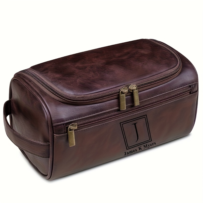 TEMU Custom Engraved Men's Toiletry Bag - Faux Leather Travel Double Set, Suitable For Groomsmen, Men, Father's Day, Wedding, Birthday Gift - Light