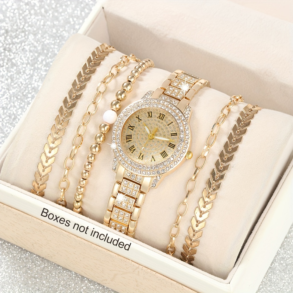 

6pcs/set Women's Luxury Rhinestone Quartz Watch Golden Fashion Analog Wrist Watch & Bracelets, Gift For Mom Her