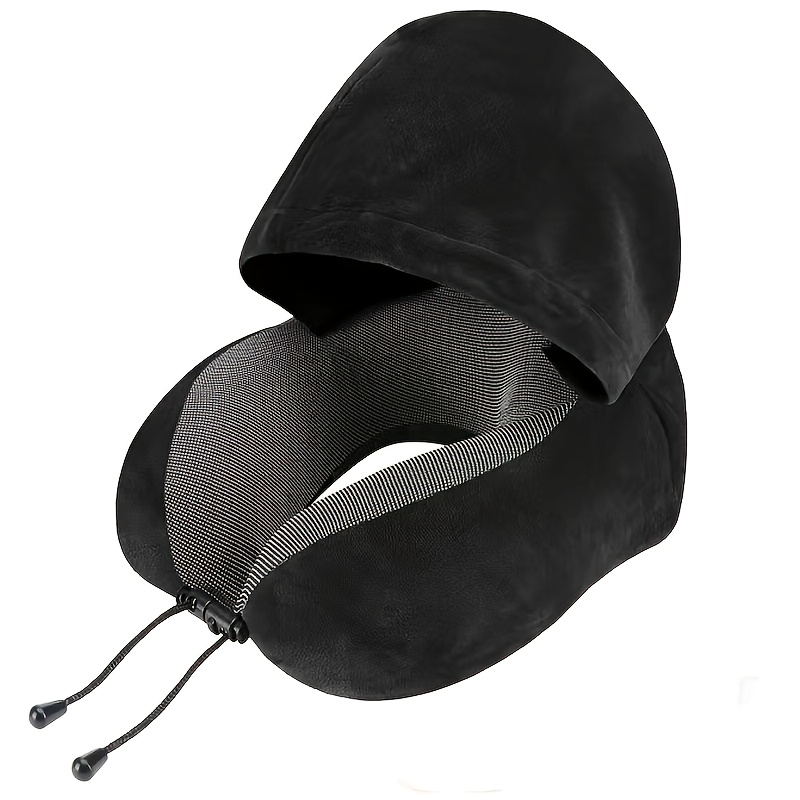 Image of 1pc Adjustable U-shaped Travel Neck Pillow With Hood - , Soft Polyester Fabric, Hand Washable & Options For Car, Plane, Office & Outdoor Use - Fit For Travel & Relaxation