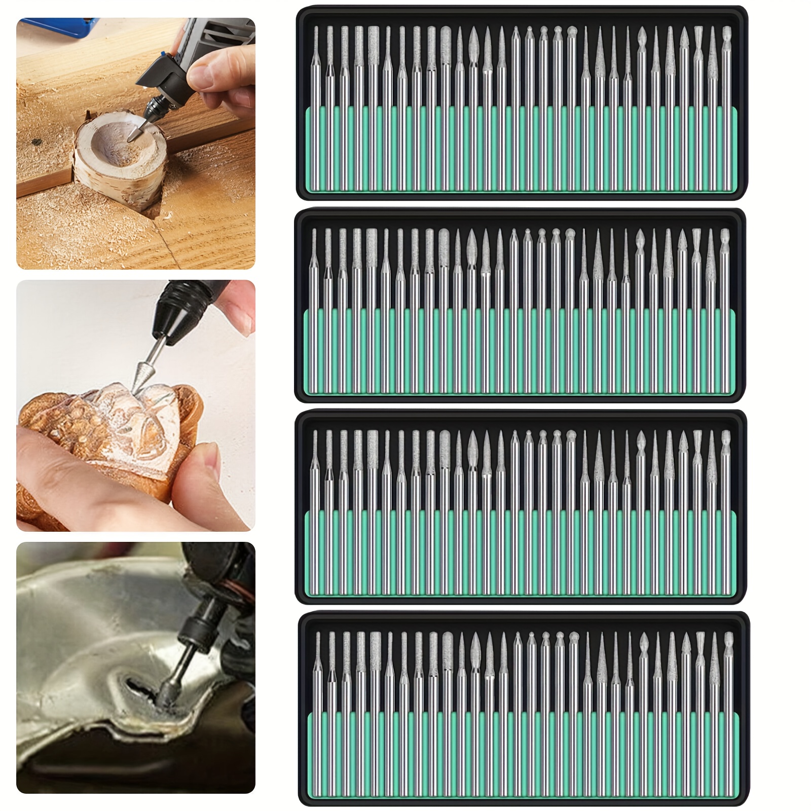 Image of 120pcs Diamond Burr Bits Drill Set For Rotary Tool Metal Woodworking Router Grinding Engraving Carving- 1/8"(3mm) Shank Pack