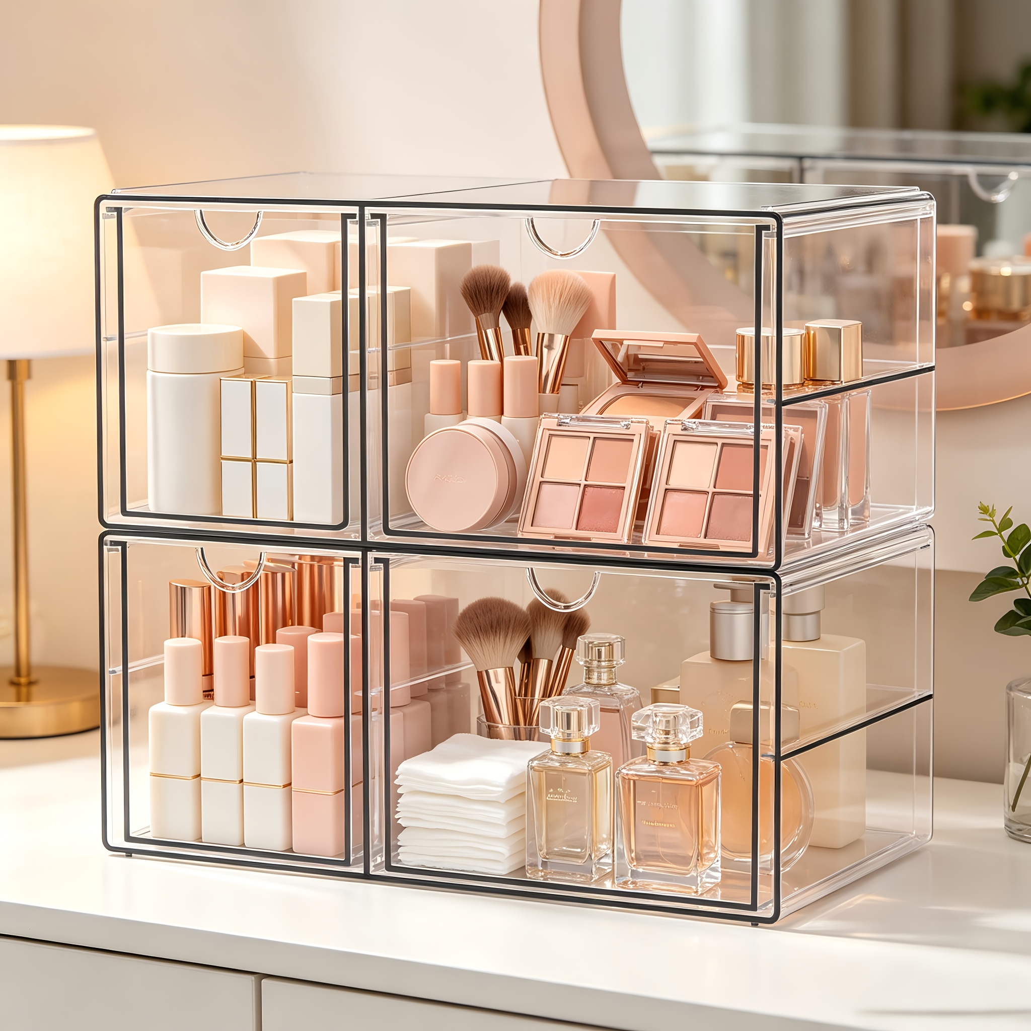 Makeup Storage Box With 4 Drawers: 2 Acrylic Boxes With Non-slip Mats | Stackable Drawers For Makeup, Jewelry, And Stationery