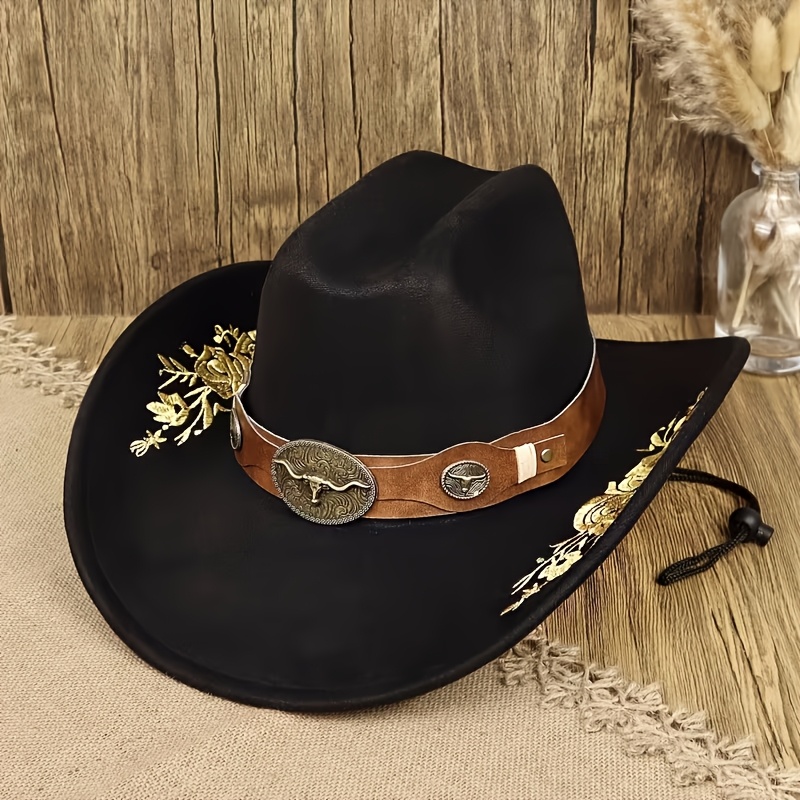 TEMU Soft Suede Floral Embroidered Vintage Western Cowboy Hat Unisex Style With Fit Drawstring Engraved Patch Decorations For Outdoor Riding Banquet