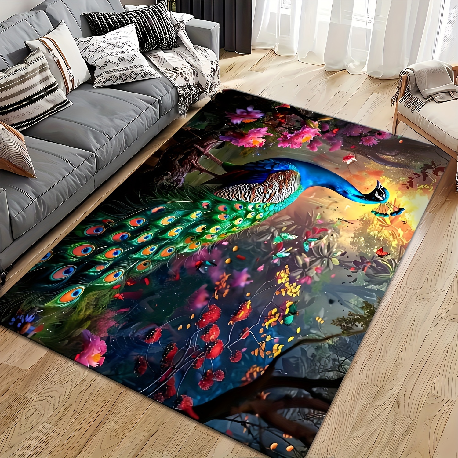 

Peacock Pattern Rectangular Rug - Non-slip, Machine Washable For Indoor/outdoor Use - Perfect For Patio, Garden, Living Room, Bedroom, Kitchen & Bathroom Decor