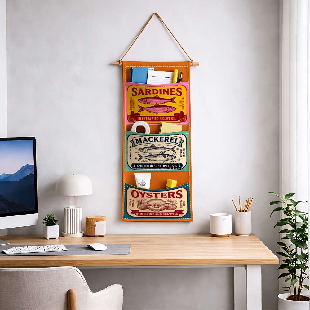 TEMU 1pc Vintage Retro Wall-mounted Storage Bag - Sardine Mackerel Oyster Multi-tier Fabric Organizer Suitable For Additions, Space-saving Door/wall