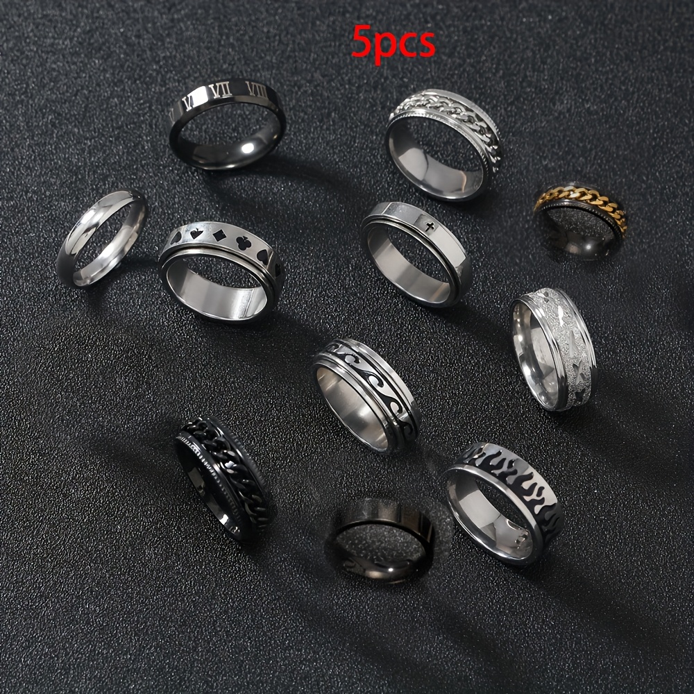 TEMU 5pcs Mixed Ring Set: Silvery And Black Color Scheme, Featuring Roman , Playing Cards, Crosses, And Flame Patterns. Of