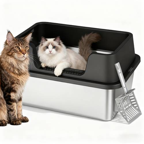 stainless steel cat litter box with scoop large size high wall semi enclosed anti leakage easy clean non stick surface toilet for multiple cats litter box christmas thanksgiving new years
