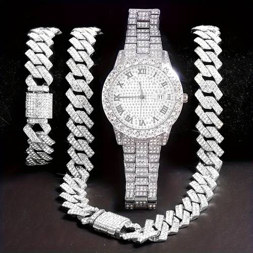 a set of 3 pieces featuring a stylish hip hop watch set with waterfall chain bracelet and necklace sparkling water suitable for mens fashion
