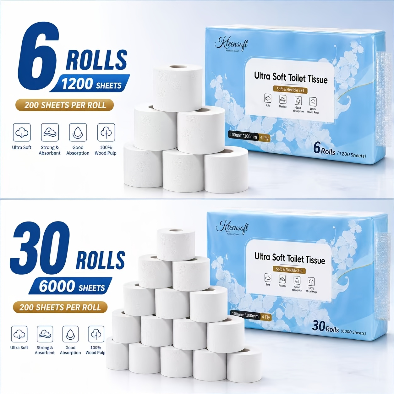 TEMU 6000 Sheets 30 Rolls Toilet Paper, 1200 Sheets 6 Rolls Ultra Soft 4-ply Bathroom Tissue, Thick Strong & Absorbent, Skin, 100% Wood , , , Bulk