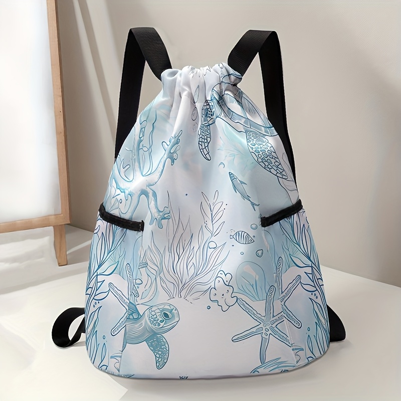 sea turtle seaweed coral pattern printed drawstring backpack  display picture 3