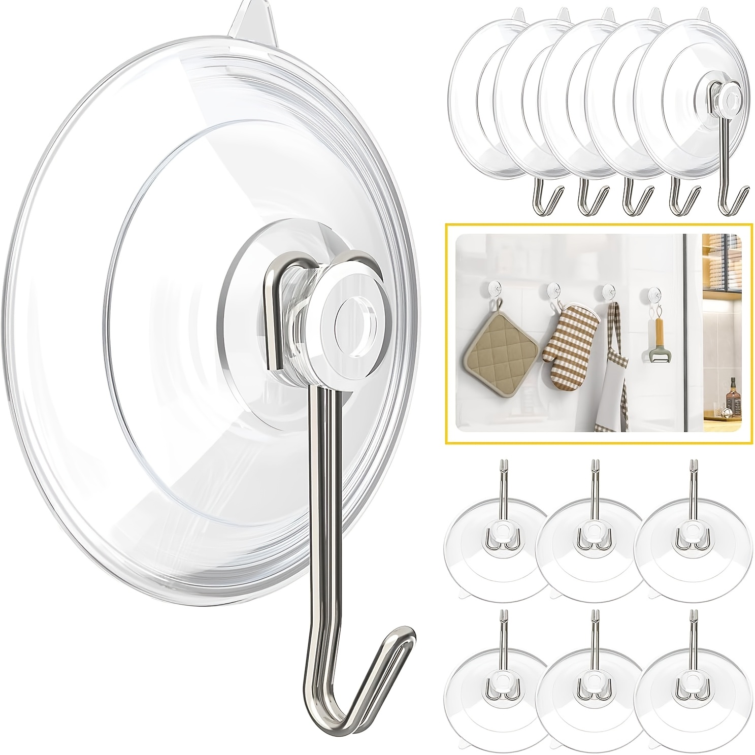 TEMU 9pcs Strong Suction Cup Hooks | Clear Heavy Duty Hanging Hooks For Bathroom, Kitchen, Glass, Shower, Window, Wall | Reusable Stainless Steel