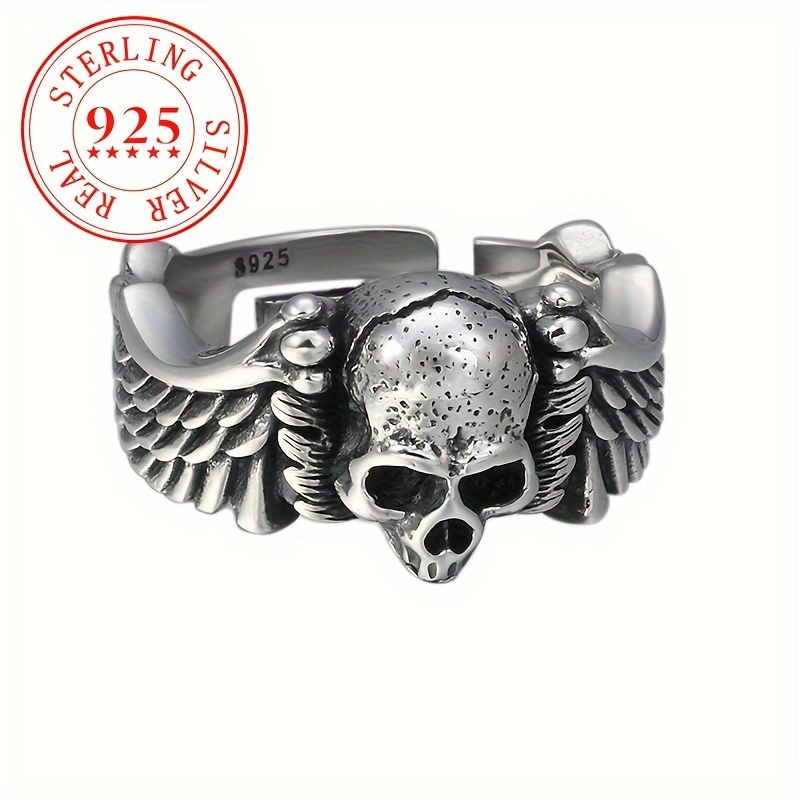 

S925 Silver Skull Open End Ring For Women, Halloween Gift, September Birthstone, Luxurious Holiday Jewelry, 1pc, Ladies