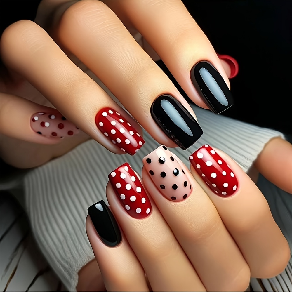 

24pcs Fashionable Square Press-on Nails, Medium Length, , Polka Dot Pattern, Black & , Fake Nail Set For