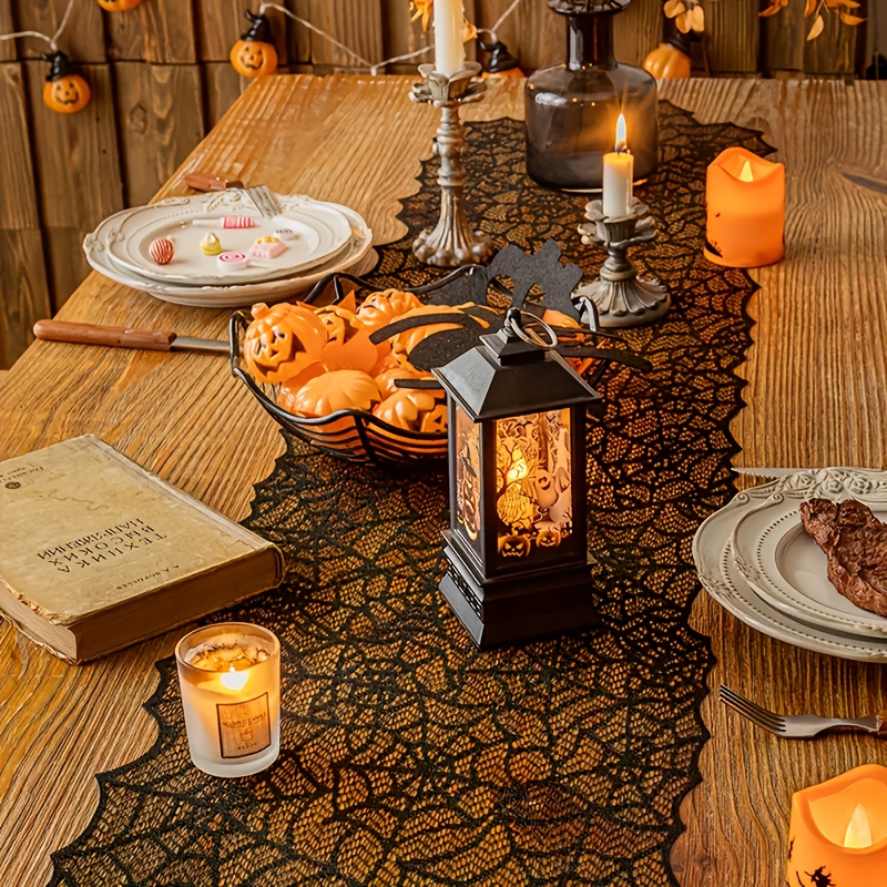 Image of 1pc 80x20in Black Web Halloween Table Runner - Polyester, No , Machine Washable, Ideal For Family Gatherings, Easter & Thanksgiving Decorations, Halloween Decorations