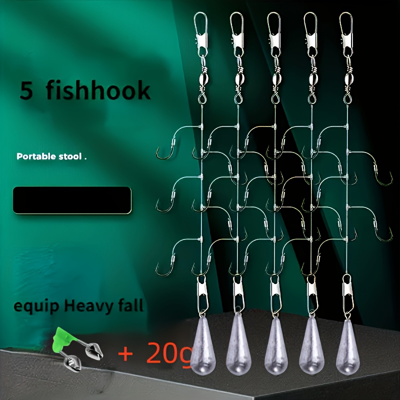 Sabiki Pour Pêche En Mer - 5 Hameçons Avec Leurres Souples Hareng - Perles Lumineuses, Têtes Rouges - 150 Cm