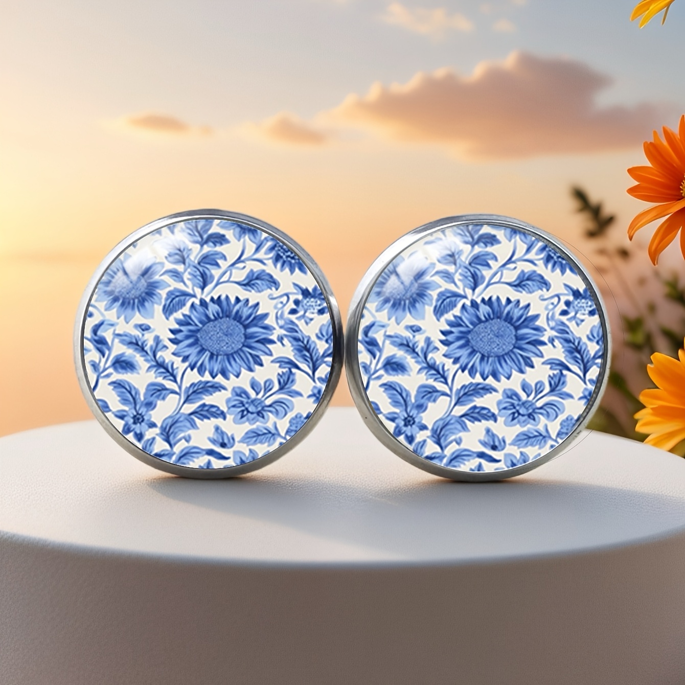 TEMU 1 Pair Of Unique Blue Sunflower Pattern Earrings - Low Allergenic, Stainless Steel With Glass Inlay - Bohemian Style, Perfect For Daily Wear &