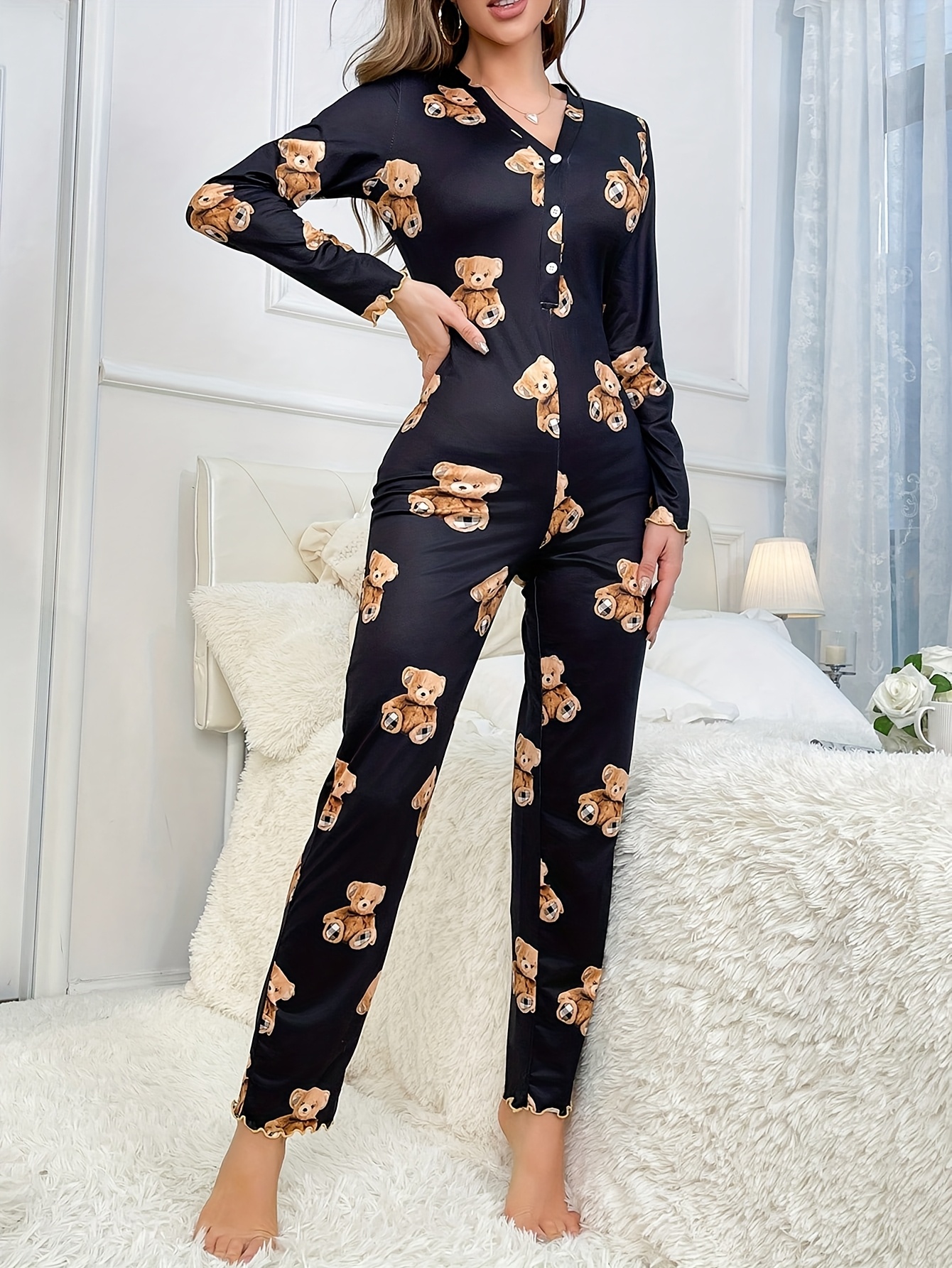 tutina donna stampa orsetto scollo maniche lunghe Temu Italy