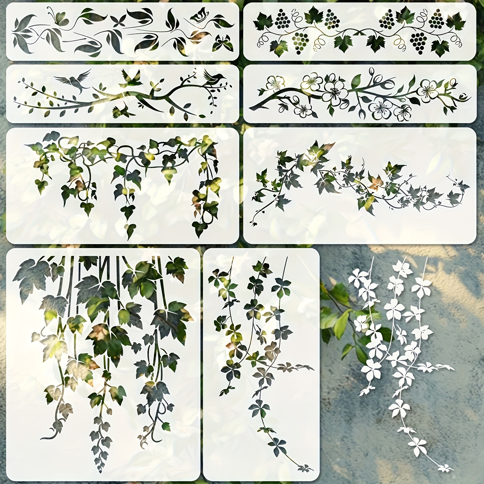 Image of 8pcs Reusable Grape Vine Stencils Set, Botanical Ivy And Floral Leaf Painting Templates, Stencils For Wall Decor, Wood Signs, Furniture And Crafts