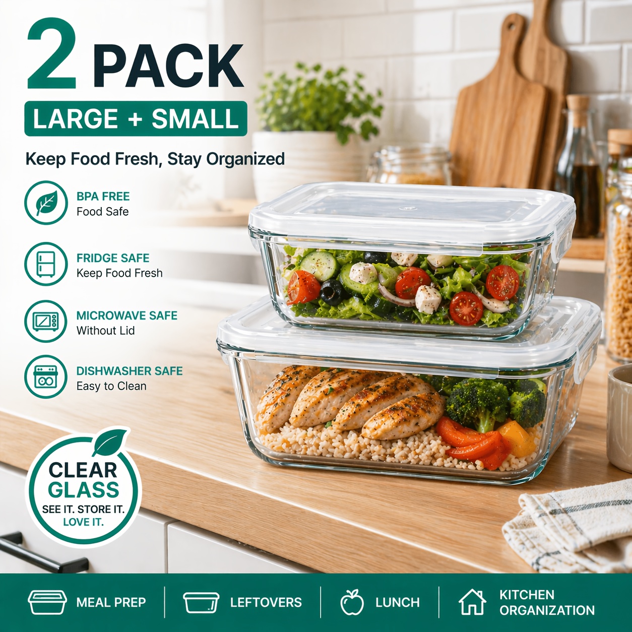 TEMU Glass Food Storage Containers With Lids 2-pack, Large And Small Rectangular Meal Prep Containers, Clear Food Containers For Fridge And Kitchen