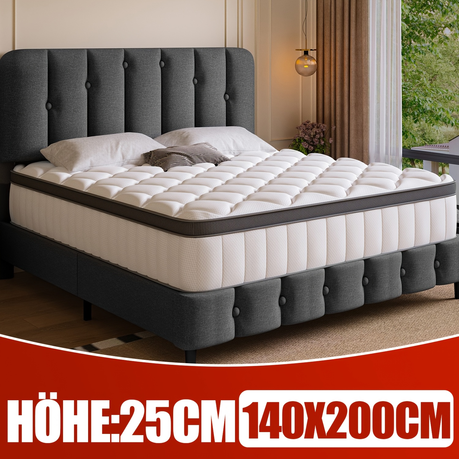 Mattress 80x200/90x190/90x200, 100x200/120x200, 140x190/140x200, 160x200/180x200cm, Premium Mattress, Ergonomic 7-zone Mattress, Height 25cm/28cm, Firmness Grade H3, Spring Mattress With Fitted Sheet