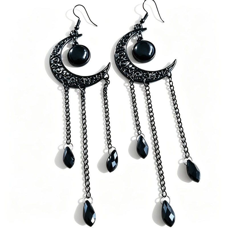 TEMU 1 par de aretes góticos con borlas y luna calada, aretes colgantes vintage de cadena de de , joyería de bruja de Halloween para mujer