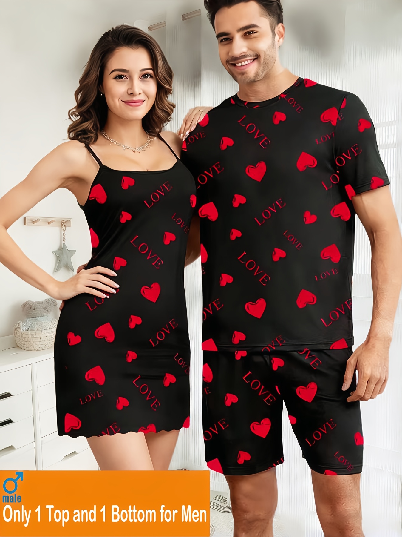 [1 DRESS FOR WOMEN OR 1 TOP+1 BOTTOM FOR MEN] Romantic - Valentine'S Day Couple Style Homewear - Heart Letter Print - Men'S Short Sleeve Shorts Or Women'S Dress
